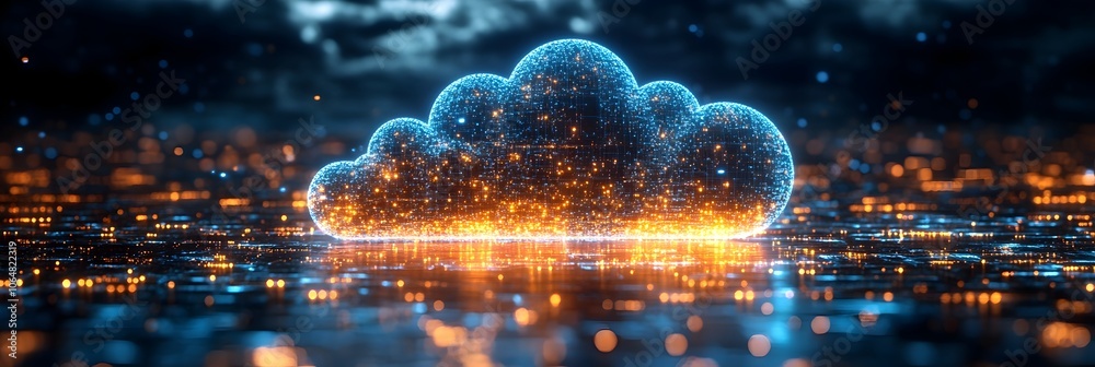 Poster a stunning 3d depicting a glowing digital cloud structure illuminating a futuristic cityscape at nig