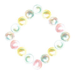 Pearl beads on the neck, bracelet hand-painted in watercolor. Necklace with precious pearls are strung in rhombus shape. Illustration drawn of mother-of-pearl sea pearls from different colors. Can be