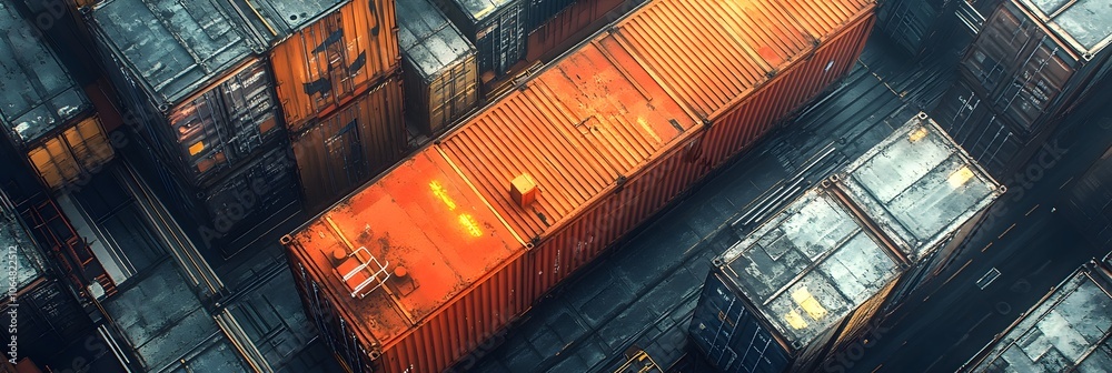 Poster aerial panoramic view of rows of orange and blue cargo shipping containers stacked in a busy urban f