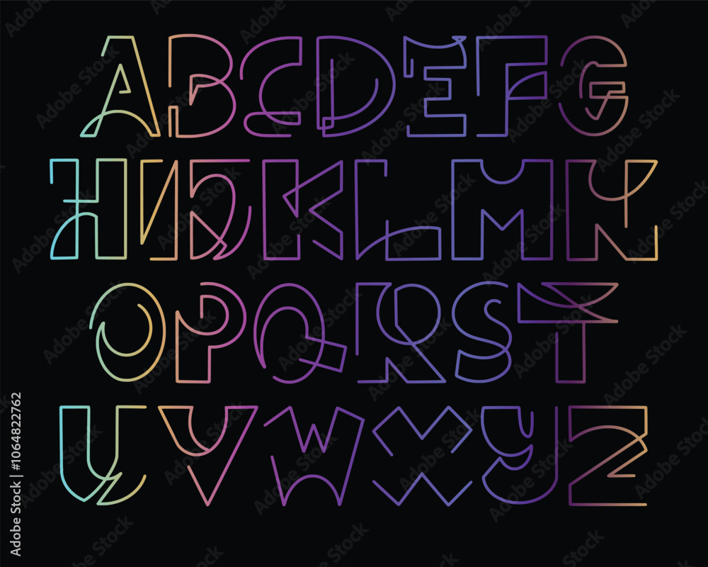 Fototapete gradient one line font shaped alphabet set