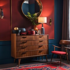 Mid-Century Modern Walnut Chest of Drawers with Dark Blue Walls and Persian Rug in American Interior Design Style

