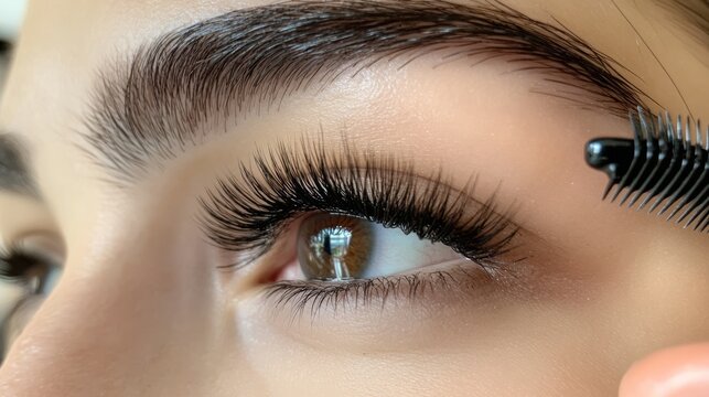 A woman is getting eyelash extensions applied with a comb. The long, black lashes make her eyes look beautiful.