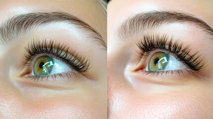 Fototapeta premium A woman with green eyes gets eyelash extensions at a beauty salon. You can see the difference in her lashes before and after the procedure.