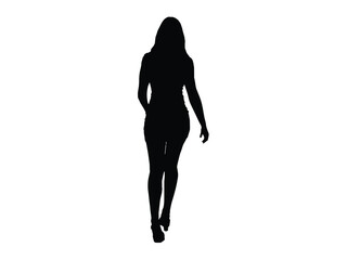 black and white silhouette of rear view of a young girl walking on white background
