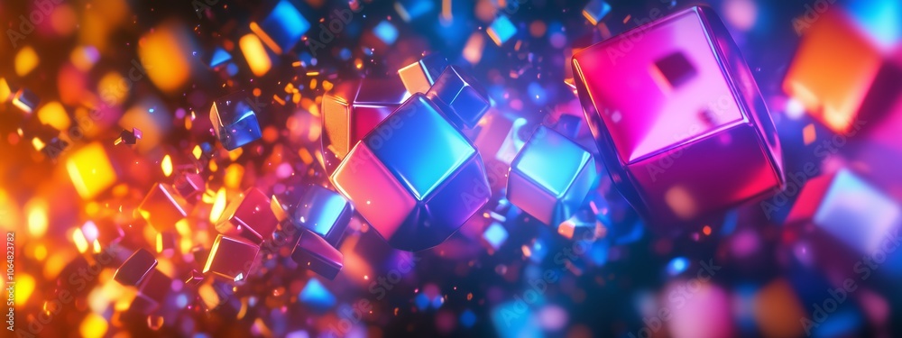 Poster colorful abstract cubes floating in a dynamic three-dimensional space illuminated by vibrant light d
