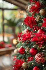 Elegant Christmas tree with red poinsettias, baubles, and golden accents in a warm, cozy indoor setting for the holiday season

