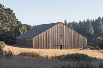 Obraz premium A rustic wooden barn stands in a grassy field surrounded by trees.
