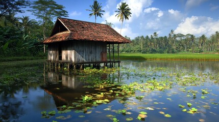 Naklejka premium A serene wooden house on stilts surrounded by water and lush greenery.