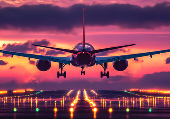 Captivating sunset landing of a commercial airplane on a runway illuminated by bright lights