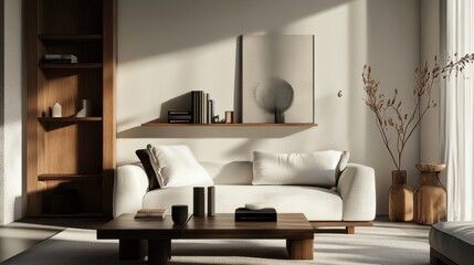 A serene living room with a white sofa, a minimal wooden