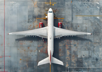 Aerial View of a Commercial Aircraft on the Tarmac with Structural Markings and Ground Elements