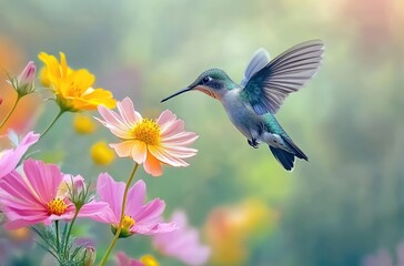 Naklejka premium A hummingbird hovering near yellow and pink flowers