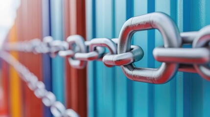 Naklejka premium A close-up image of a chain linking colorful cargo containers, showcasing industrial strength and the vibrant colors of shipping materials.