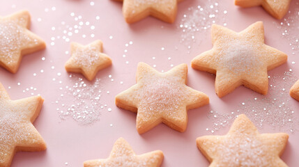 Star-shaped cookies with sparkling sugar on pastel background, perfect for confectionery themes or festive designs. Minimal concept with copy space.