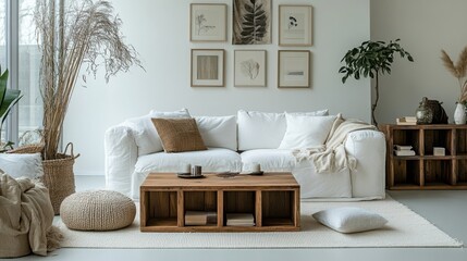 A simple, modern living room setup featuring a white sofa,
