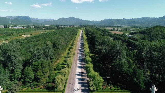 Aerial drone view of Ming Tombs Changling mausoleum in China,Asia.&nbsp;The Ming Tombs, Sacred Way,The Ming Tombs, Beijing, China.&nbsp;Mausoleums built by the emperors of the Ming dynasty of China.