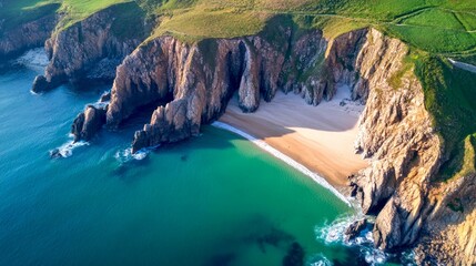 Breathtaking coastal cliffs showcase beautiful sandy beaches and serene blue waters. Ideal for travel guides, nature lovers, and photography. A perfect escape into nature. AI