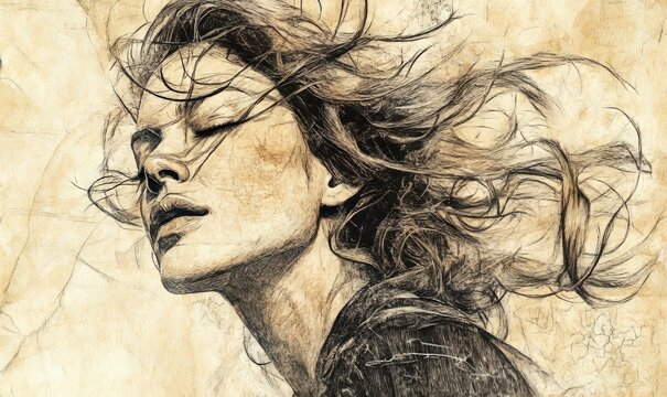 A detailed, artistic sketch of a woman with wind-blown hair, her face partially turned to the side, capturing the dynamic movement of her hair