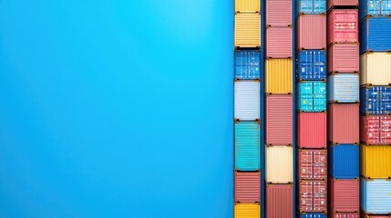 A vibrant arrangement of colorful shipping containers against a bright blue background, representing global trade and logistics.