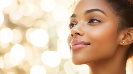 Naklejka premium A young woman with flawless skin smiles softly, her pink lips glowing against a soft background.