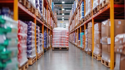 Obraz premium A wide view of a warehouse aisle filled with neatly stacked pallets of products, showcasing organized inventory and efficient storage.