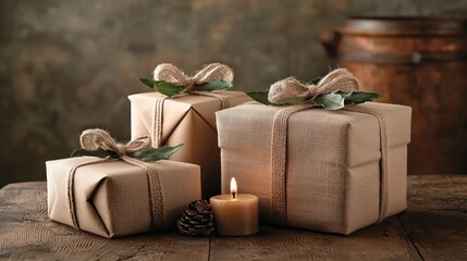 Rustic Christmas Gifts with Burlap Ribbons and Candle Glow