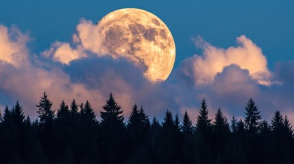 A striking large moon partially obscured by clouds,