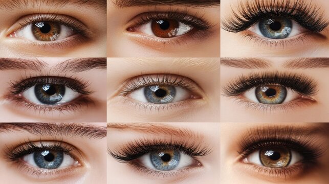 Beautiful close-up of eyes with different types of eyelash extensions. The salon offers various options, including 2D, 3D, classic, Russian, mega volume, and new sets.