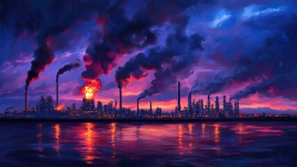 Stunning sunset over a large petrochemical plant with towering smoke stacks silhouetted against the colorful sky.