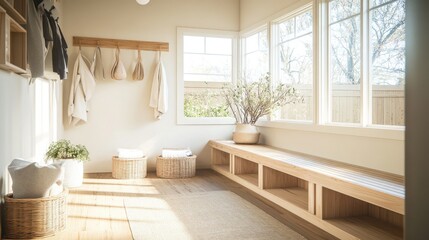 A Japandi-style mudroom with light wooden benches