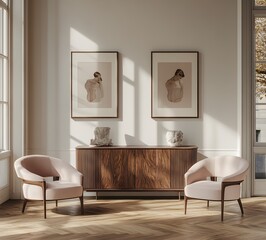 Contemporary Living Room Interior with Beige Armchairs and Wooden Cabinet