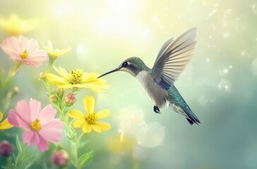 Naklejka premium Close-up of a hummingbird hovering near yellow and pink flowers, with a blurry background