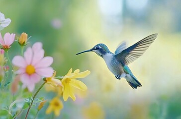 Naklejka premium Close-up of a hummingbird hovering near yellow and pink flowers, with a blurry background