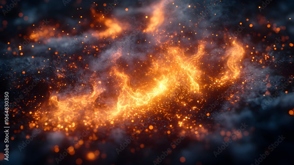 Poster dramatic and powerful cosmic explosion of fiery inferno flames,sparks and energy bursting forth in t