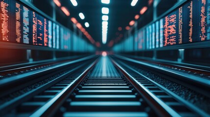 Fototapeta premium An illuminated perspective of parallel railway tracks, leading into a futuristic tunnel showcasing vibrant lights and modern textures.