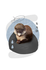 Poster collage sketch weird image of exotic stressed wild animal sitting pouf crying melancholy...