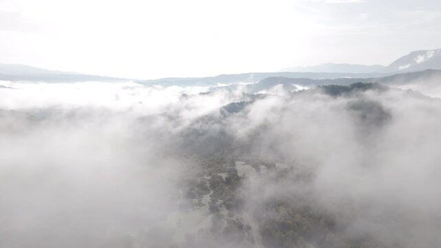 Aerial overview of Vikos Gorge shrouded in mist, capturing the majestic cliffs and dense fog