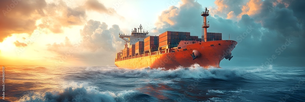 Poster dramatic cargo ship navigating through turbulent ocean waves during a vibrant sunset,surrounded by m