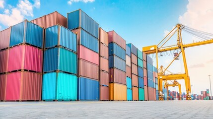 Fototapeta premium Stacked shipping containers in vibrant colors against a clear sky, with a crane in the background, showcasing a busy port scene.