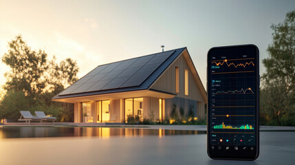 Smartphone showing solar energy usage data of a sustainable home with solar panels at sunset