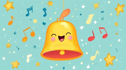 A cheerful cartoon bell is ringing, perfect for a fun music festival, lively celebration, or as a decoration for a music cafe or club.