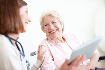 Wheelchair, results and tablet with old woman and doctor for rehabilitation, medical and insurance....