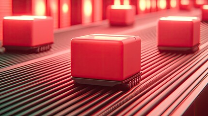 A series of red boxes on a conveyor belt illuminated by warm LED lights, showcasing a modern and vibrant industrial setting.