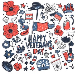 Hand-drawn Doodle Stickers Celebrating Veterans Day with Patriotic Symbols