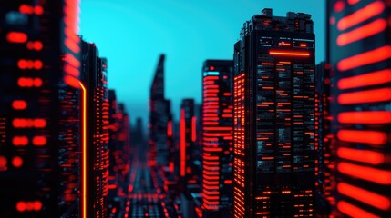 Obraz premium A futuristic cityscape with illuminated skyscrapers, featuring vibrant red and blue lights against a twilight sky.