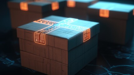 A collection of luminous, futuristic gift boxes with glowing accents, set against a dark background, suggesting mystery and anticipation.