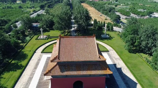 Aerial drone view of Ming Tombs Changling mausoleum in China,Asia.&nbsp;The Ming Tombs, Sacred Way,The Ming Tombs, Beijing, China.&nbsp;Mausoleums built by the emperors of the Ming dynasty of China.