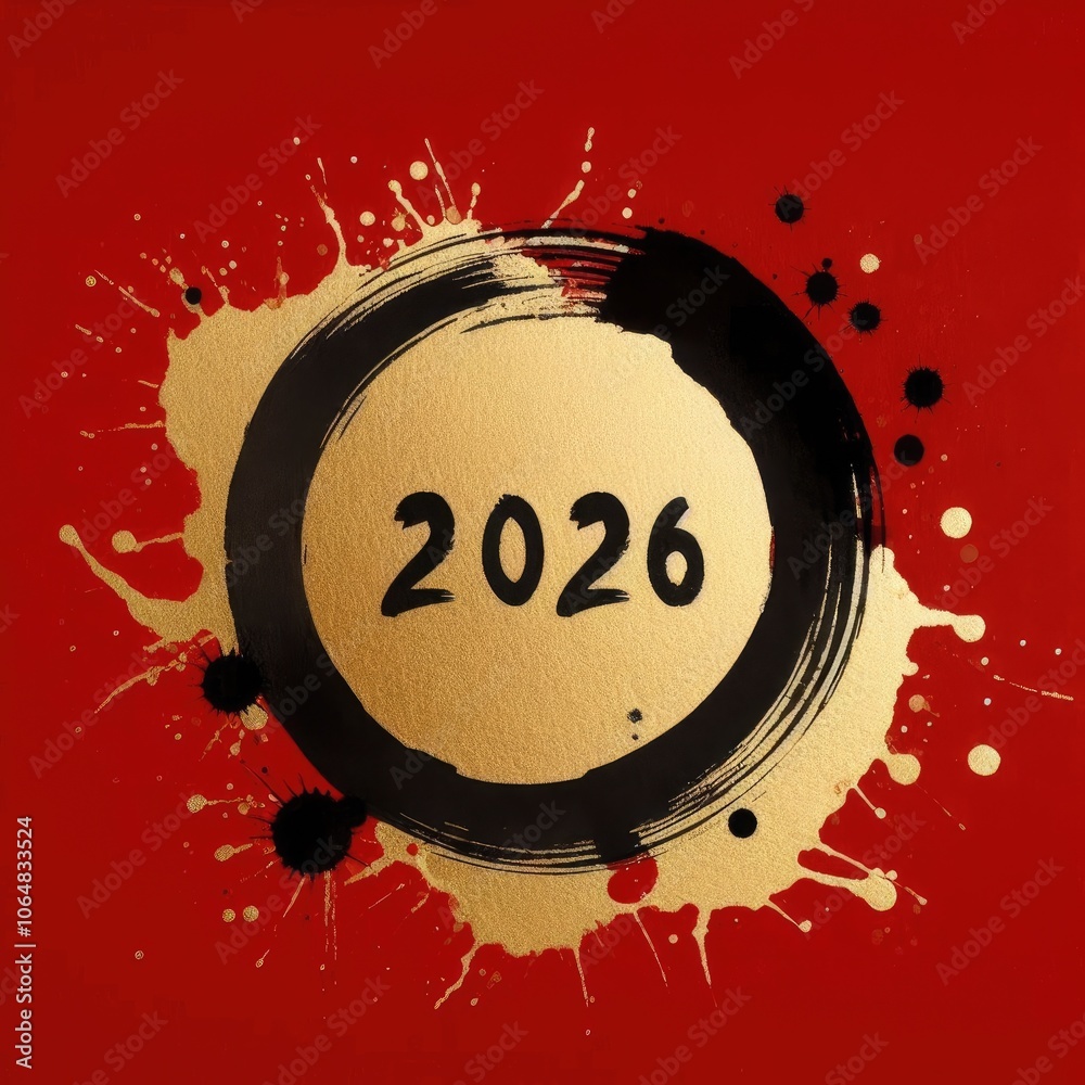 Wall mural 2026 new year gold circle brush stroke on red background with ink splatter with generative ai.