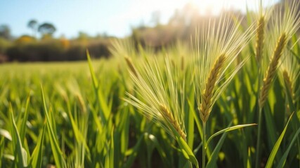 Vibrant green wheat field in full bloom during the spring season, with the sun shining brightly overhead, agriculture, flora and fauna