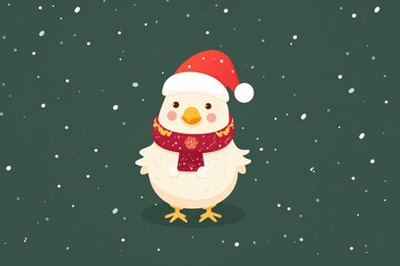 Festive chicken in santa hat amidst snowflakes